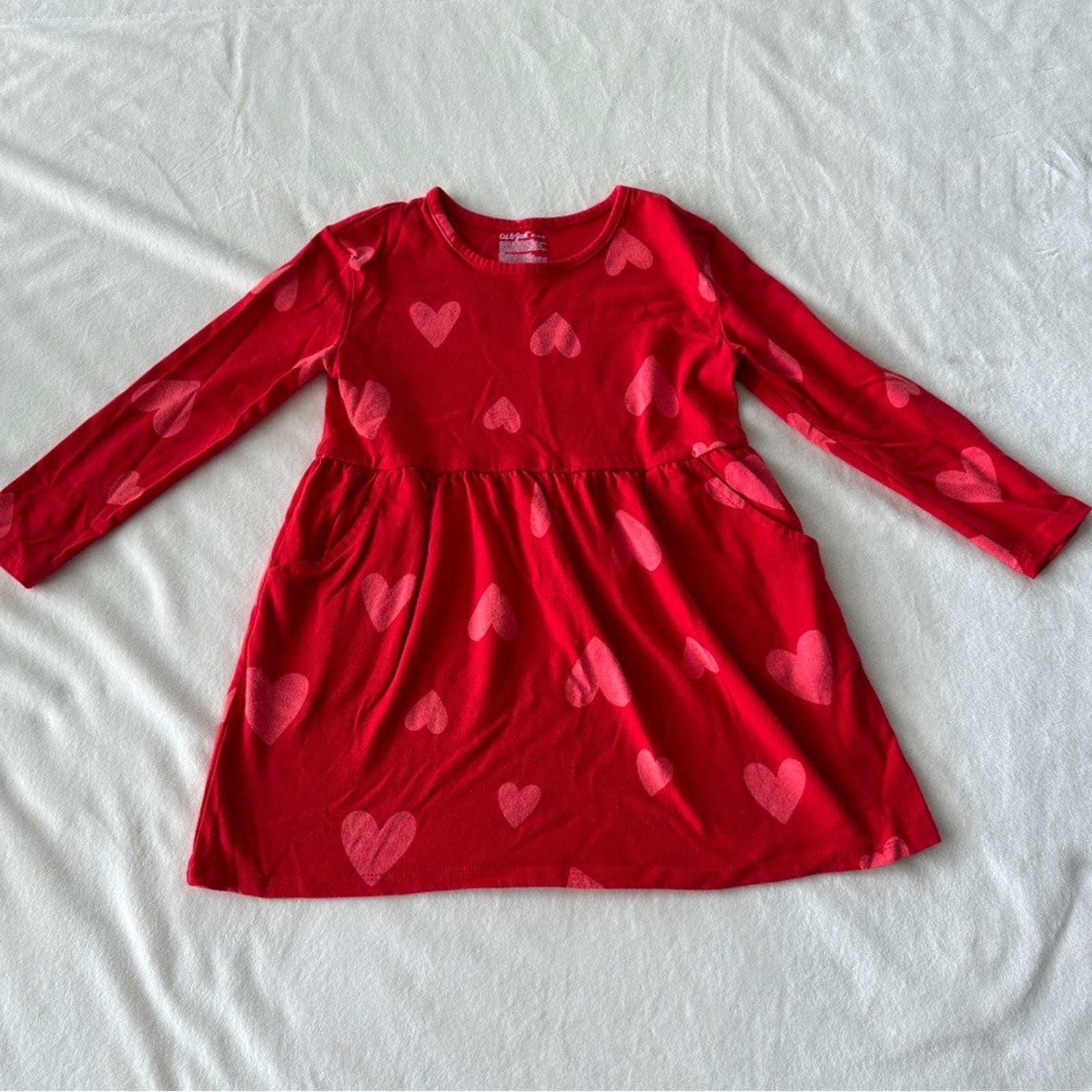Cat & Jack Red Heart Print Long Sleeve Dress Girls Xs (4/5)